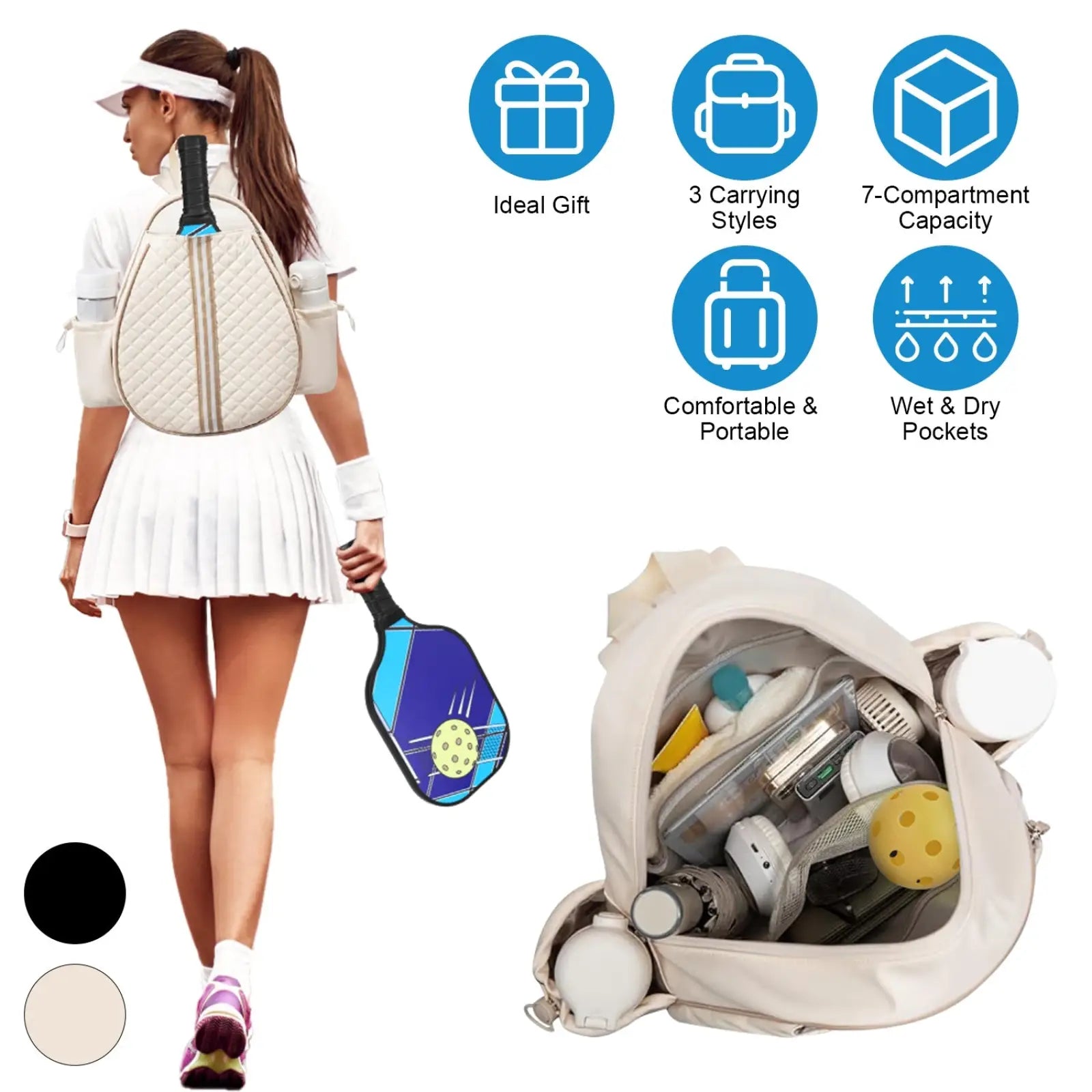 Beige quilted waterproof pickleball sling bag with 7 compartments and wet and dry pockets for organized storage