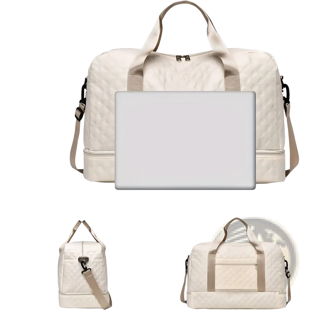 Beige quilted weekender travel duffel bag with shoe compartment adjustable shoulder strap and top handles