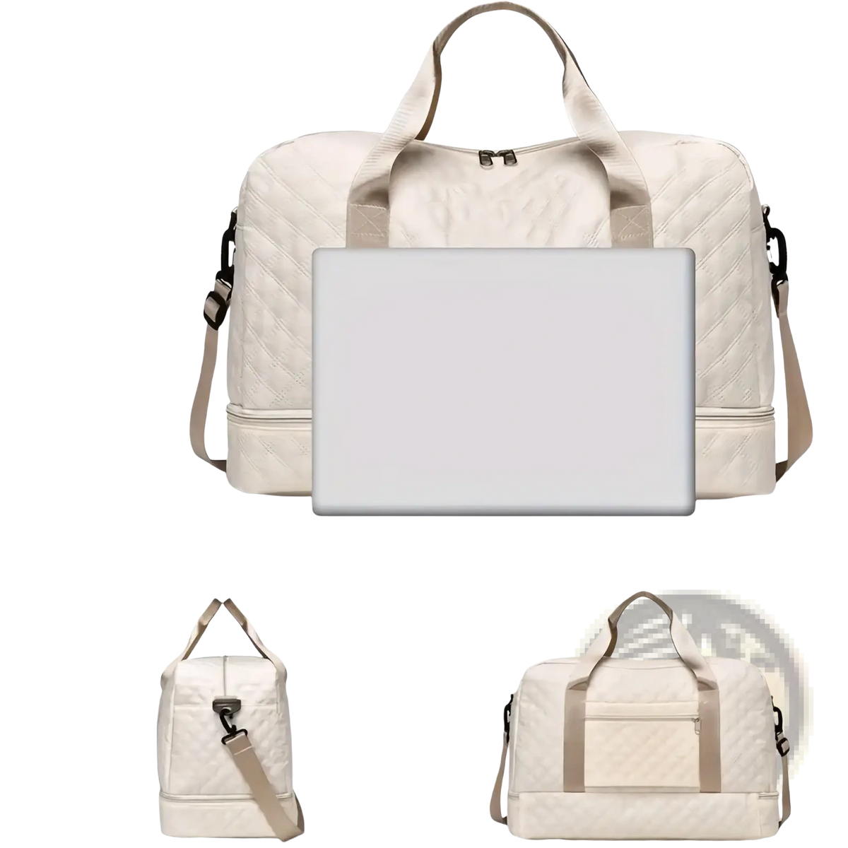 Beige quilted weekender travel duffel bag with shoe compartment adjustable shoulder strap and top handles
