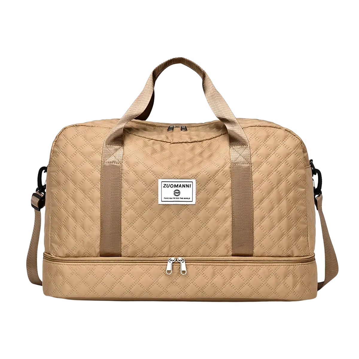 Beige quilted zuomanni weekender travel duffel bag with dual zippers adjustable shoulder strap and shoe compartment