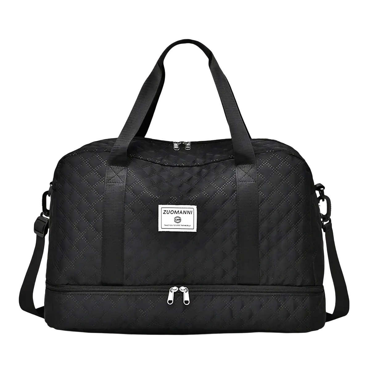 Black quilted zuomanni duffel bag with diamond pattern dual zippers and shoe compartment for weekender travel use