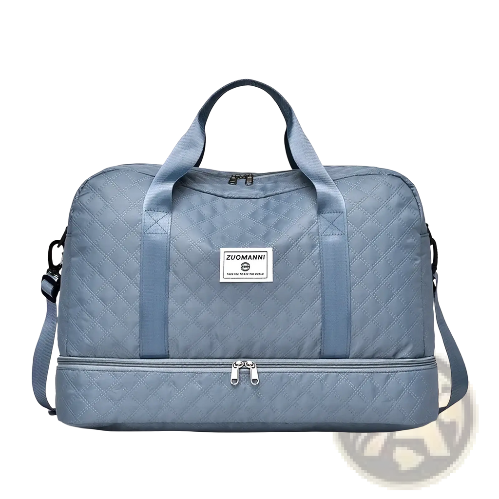 Light blue quilted zuomanni travel duffel bag with top handles adjustable shoulder strap and shoe compartment