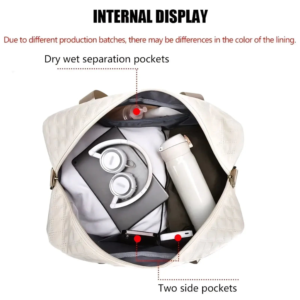 Cream-colored quilted weekender travel duffel bag with internal dry-wet separation pockets and side compartments
