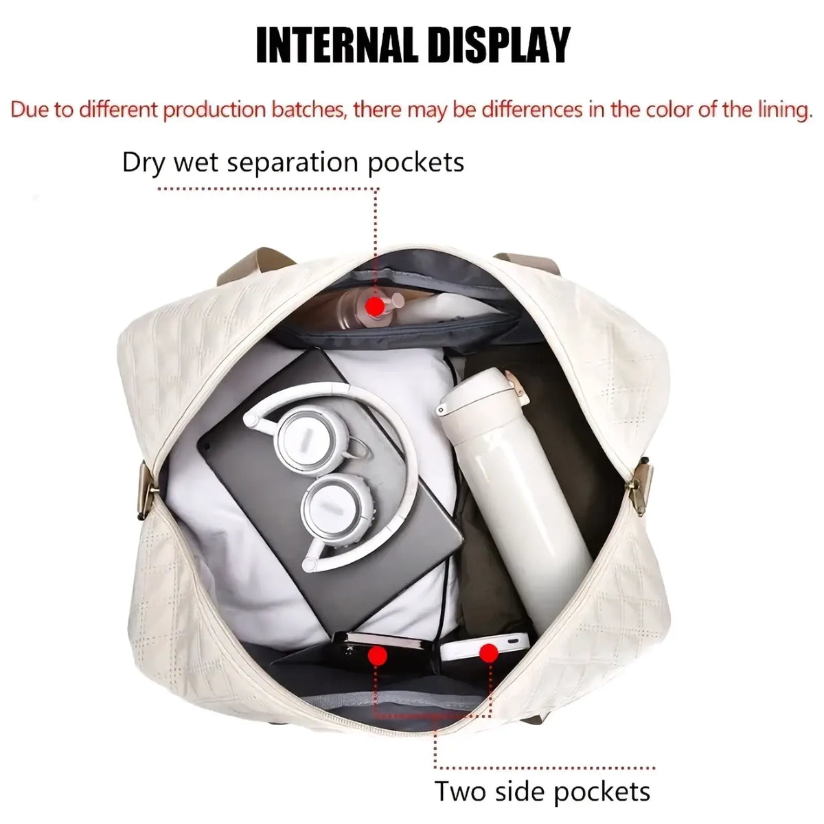 Cream-colored quilted weekender travel duffel bag with internal dry-wet separation pockets and side compartments