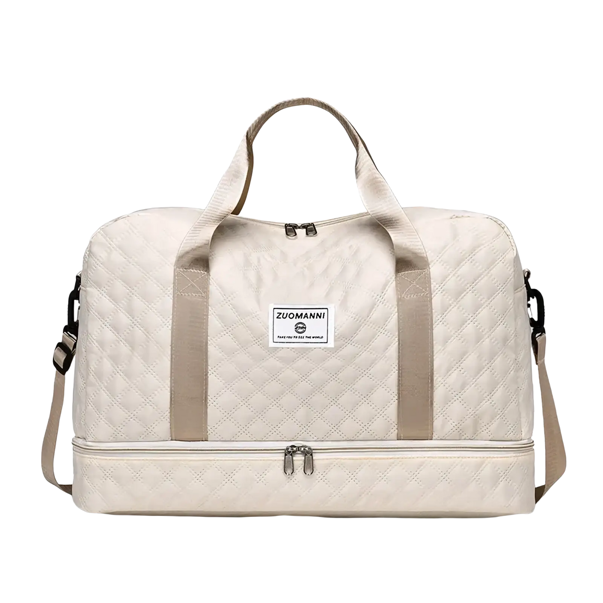 Cream-colored quilted weekender travel duffel bag with beige straps and zuomanni brand label, featuring shoe compartment