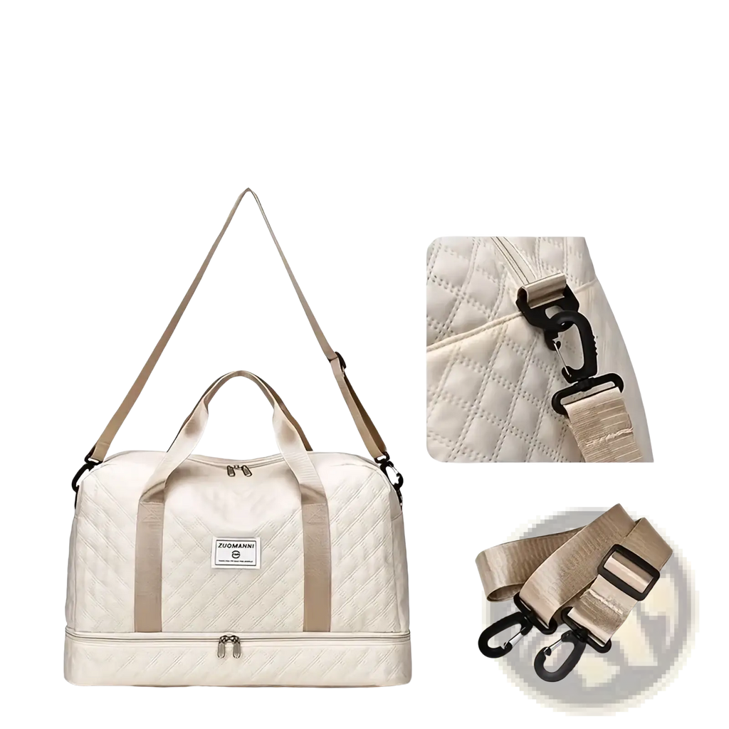 Cream-colored quilted weekender travel duffel bag with beige adjustable shoulder straps and front zippered pocket