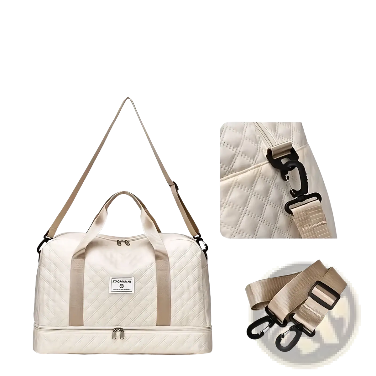 Cream-colored quilted weekender travel duffel bag with beige adjustable shoulder straps and front zippered pocket
