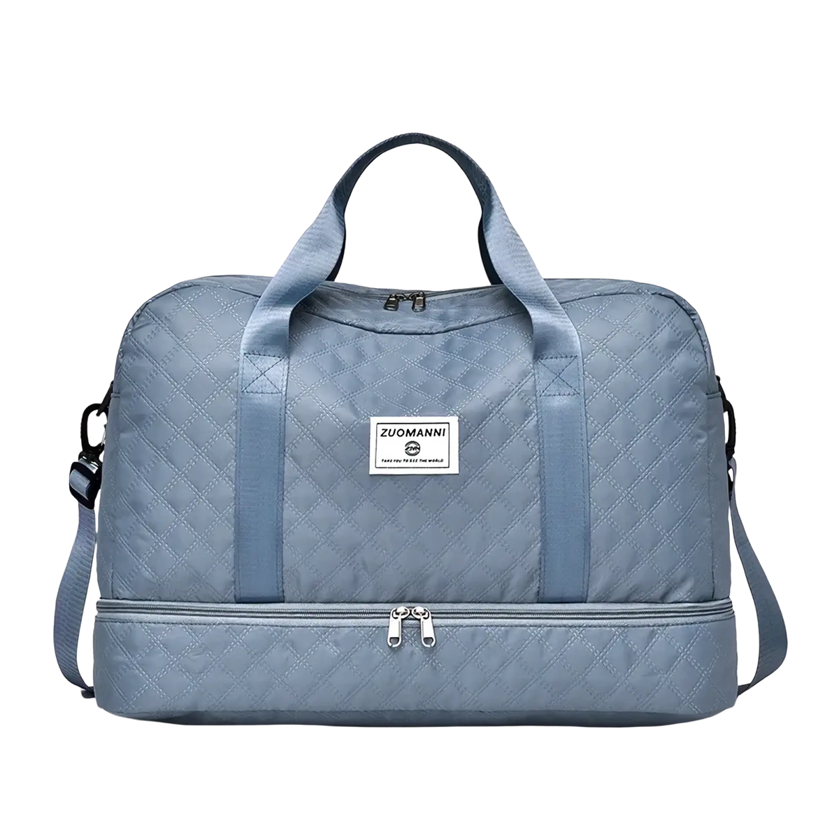 Light blue quilted zuomanni travel duffel bag with top handles adjustable shoulder strap and shoe compartment
