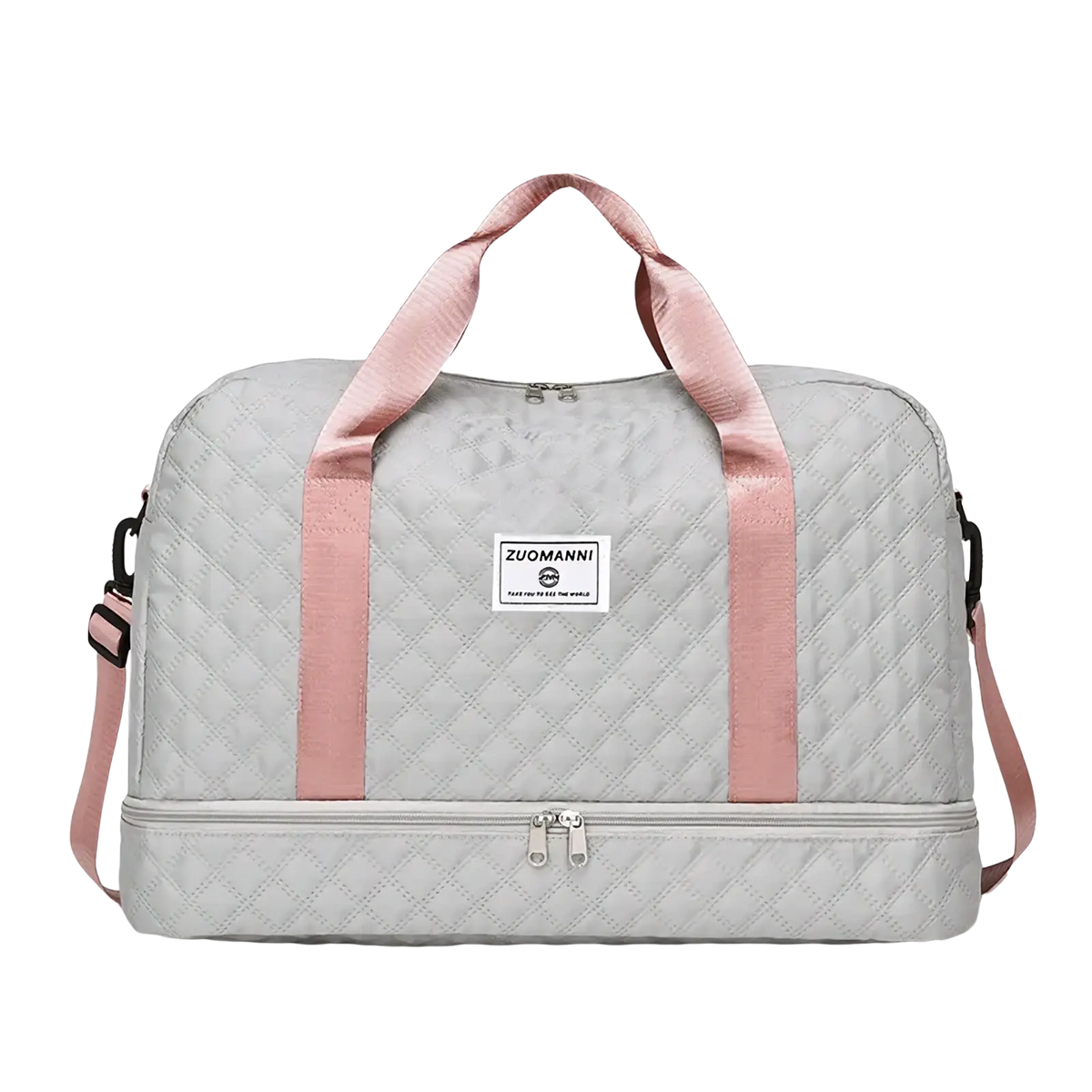 Light gray quilted weekender travel duffel bag with pink fabric handles, shoulder strap, and white brand label on front