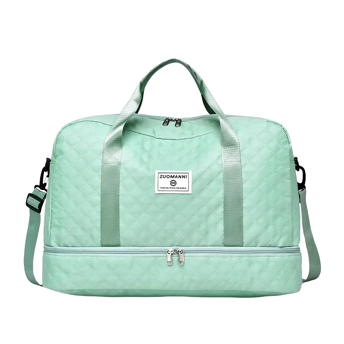 Mint green quilted fabric weekender travel duffel bag with silver zippers and adjustable shoulder strap including shoe compartment