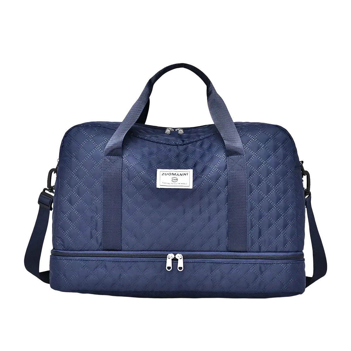 Navy blue quilted fabric weekender travel duffel bag with top and shoulder straps and shoe compartment