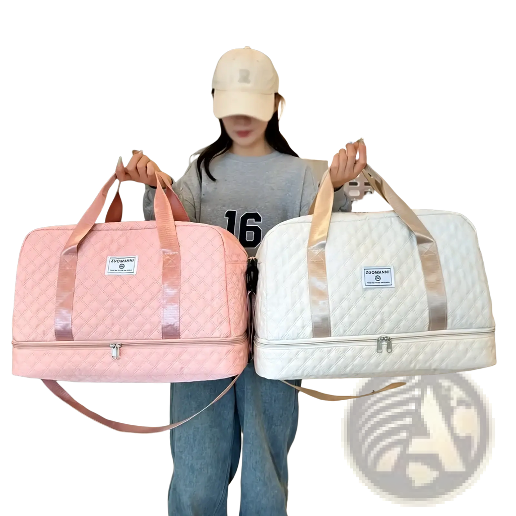 Quilted weekender travel duffel bag in pink and white with shiny strap accents and shoe compartment by zuomanni