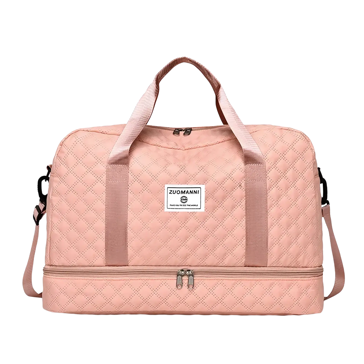 Pink quilted zuomanni travel duffel bag with dual zippers and adjustable shoulder straps for weekend travel