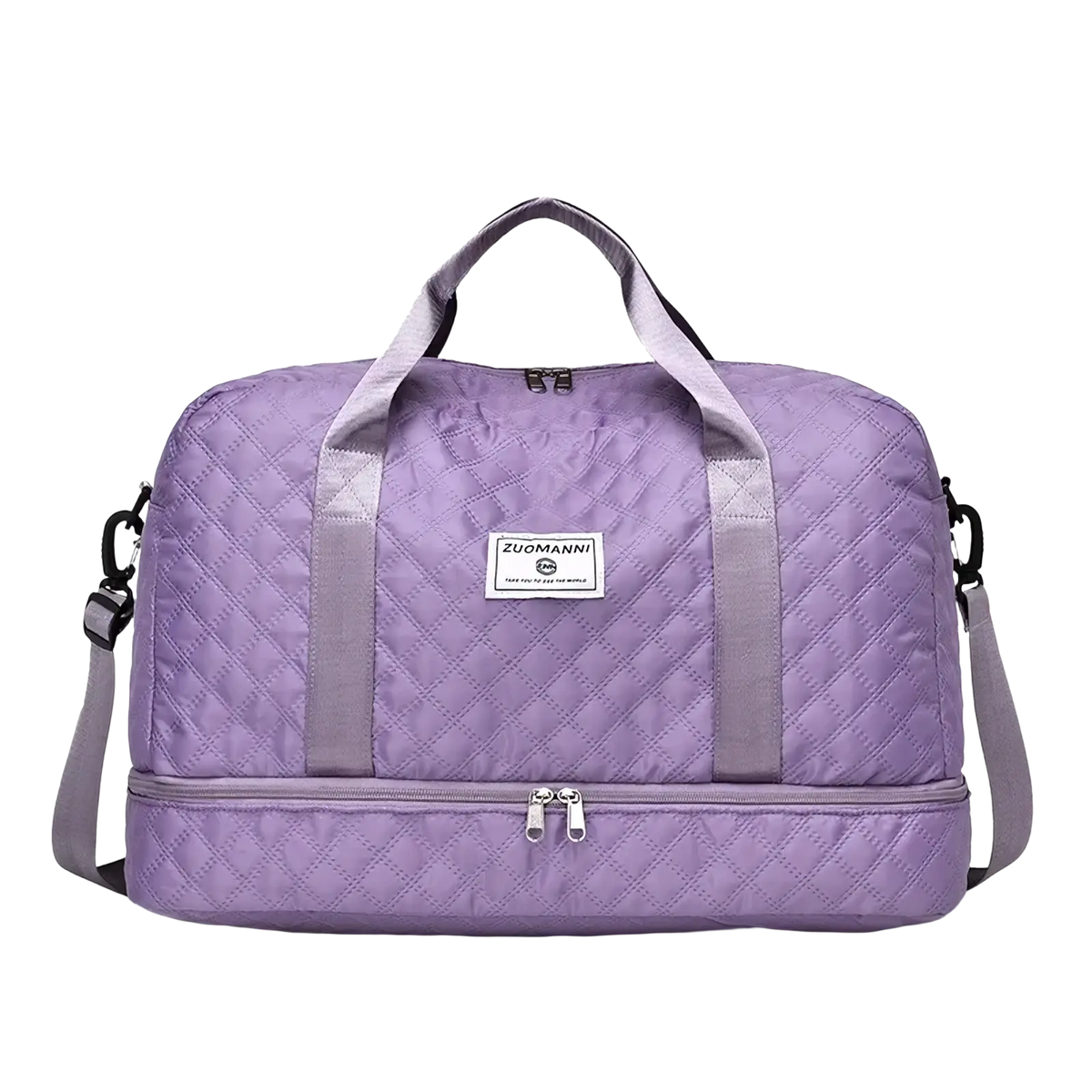 Purple quilted zuomanni weekender travel duffel bag with gray straps and zippers featuring shoe compartment