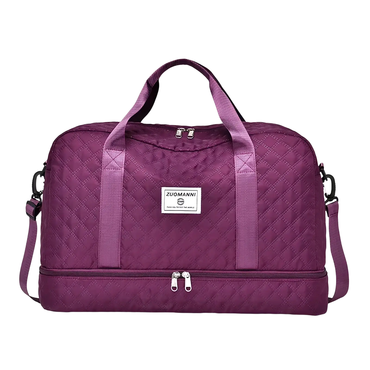 Purple quilted zuomanni travel duffel bag with dual zippers and adjustable shoulder strap for weekender use