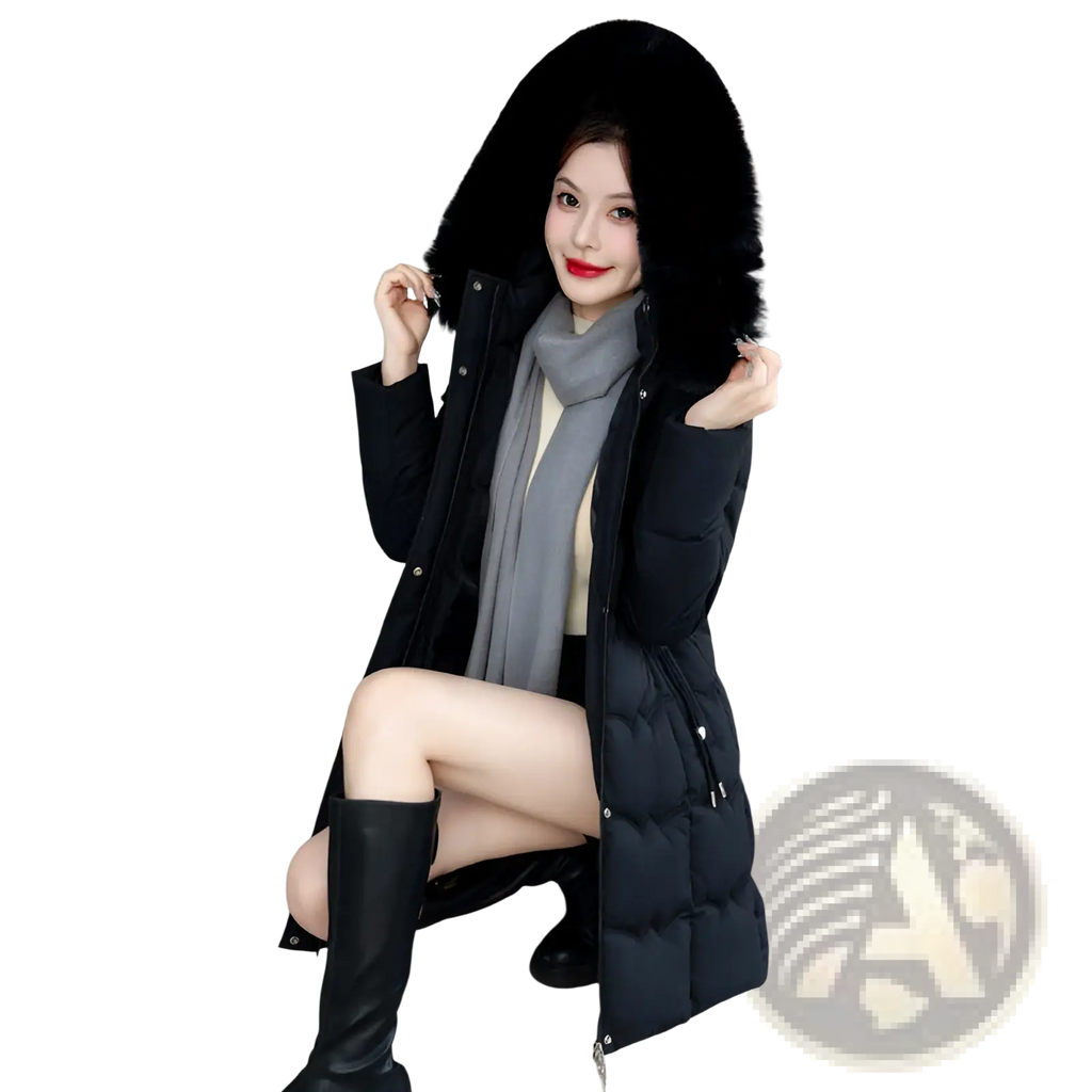 Black quilted winter coat with plush fur-lined hood designed for cold weather protection and style