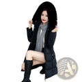 Black quilted winter coat with plush fur-lined hood designed for cold weather protection and style