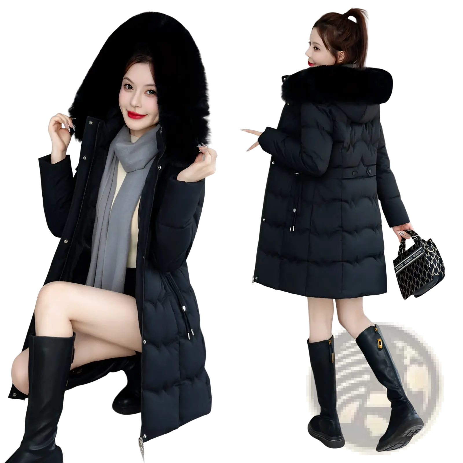 Black quilted winter coat with plush faux-fur-lined hood designed for warmth and style in cold weather