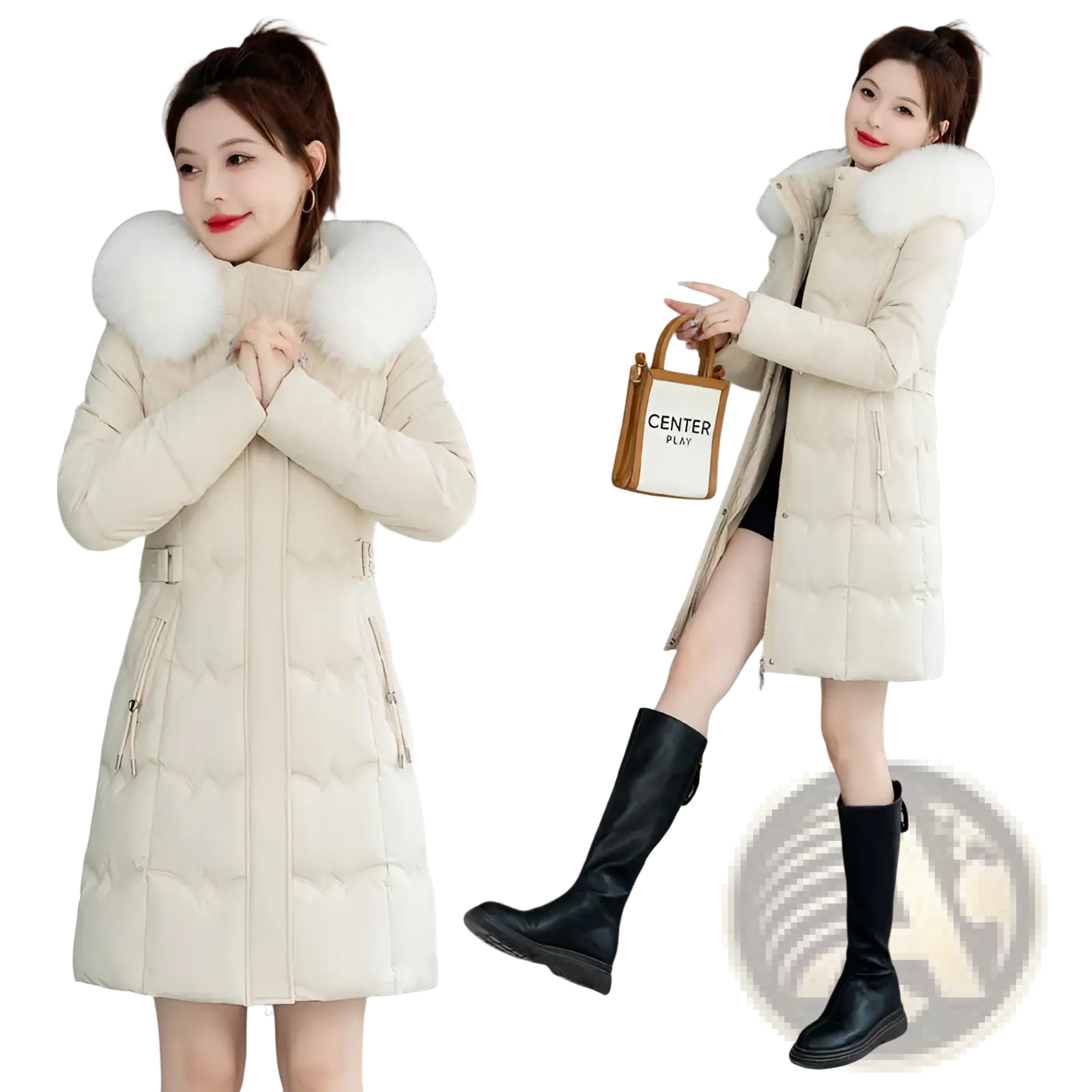 Cream-colored quilted winter coat with a plush white fur-lined hood designed for cold weather use