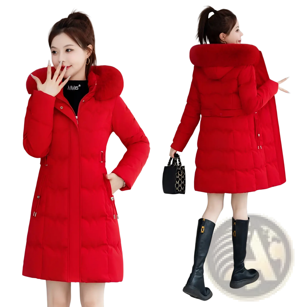 Red quilted winter coat with plush fur-lined hood and puffer design for cold weather protection