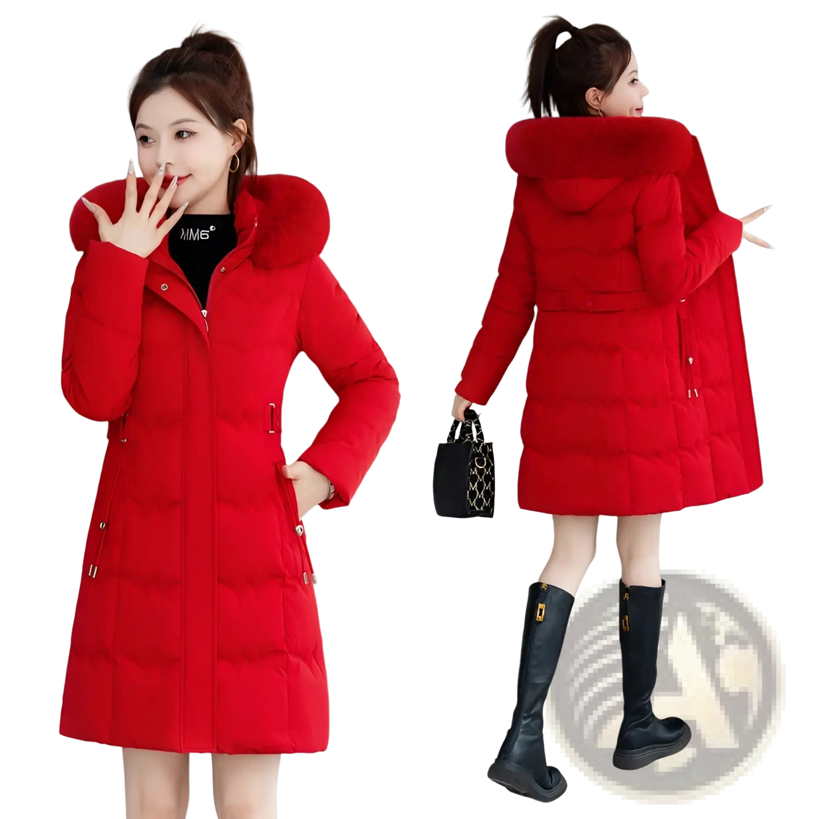 Red quilted winter coat with plush fur-lined hood and puffer design for cold weather protection