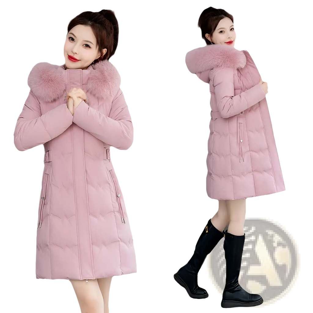A soft pink quilted winter coat with a plush fur-lined hood and side pockets for cold weather use