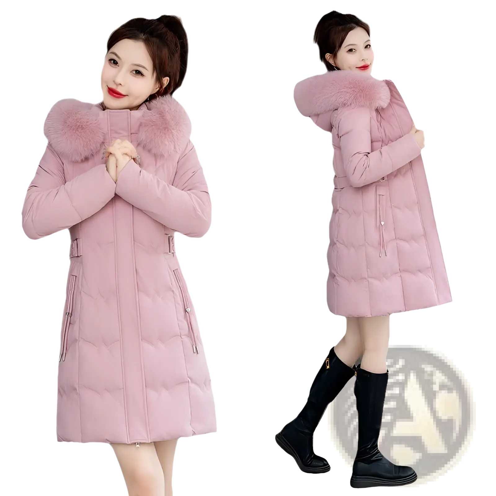 A soft pink quilted winter coat with a plush fur-lined hood and side pockets for cold weather use
