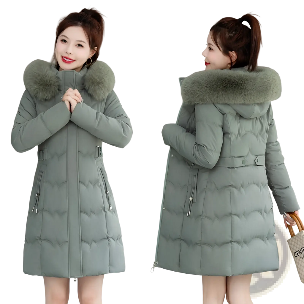 Women’s olive green quilted winter coat with plush light gray faux fur-lined hood and matching belt