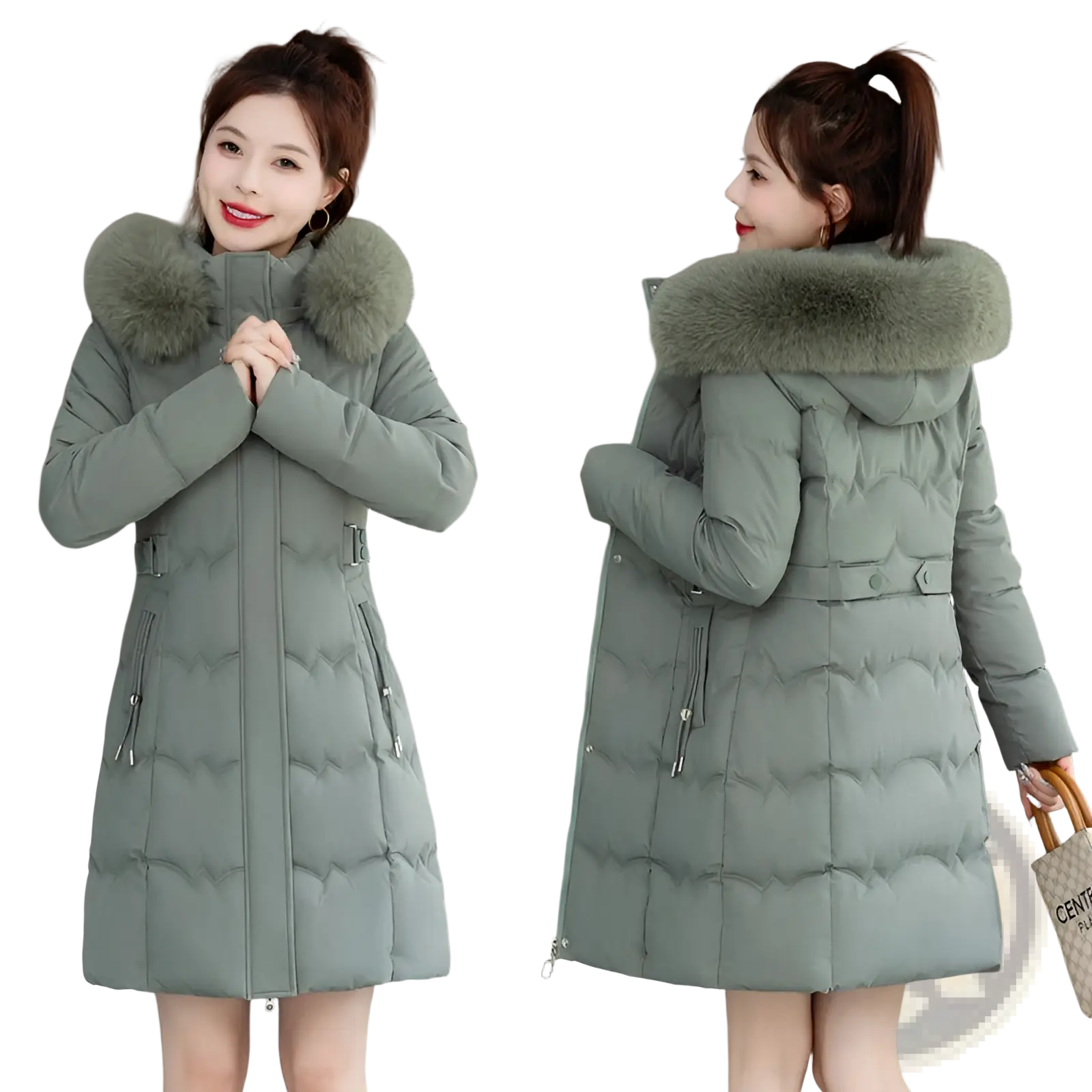 Women’s olive green quilted winter coat with plush light gray faux fur-lined hood and matching belt