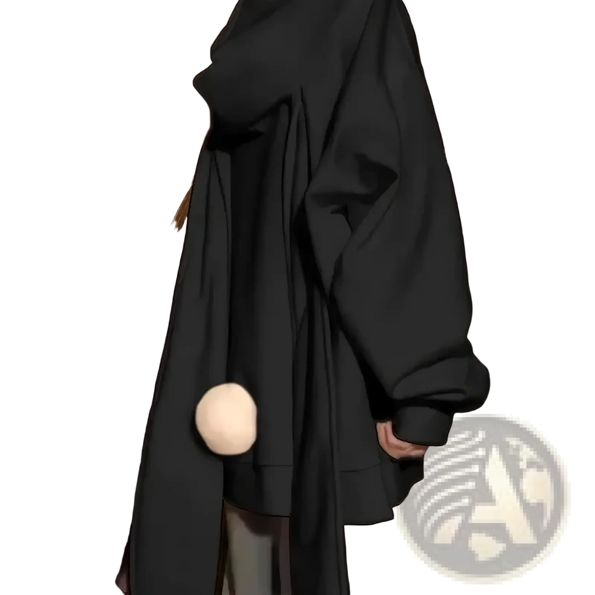 Black oversized rabbit ear zip up hoodie with fluffy white pom-pom hem in a trendy y2k sweatshirt style