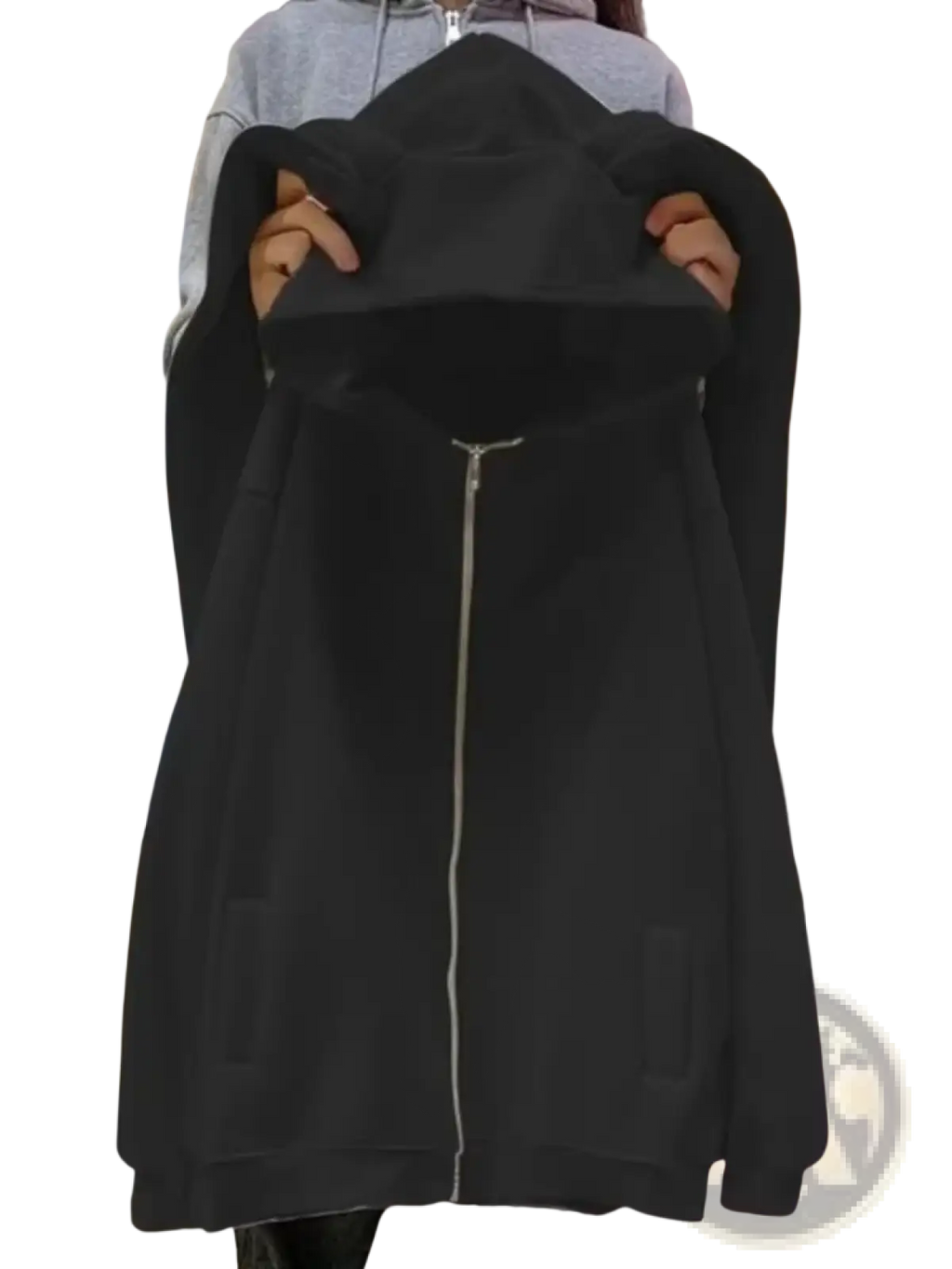 Black oversized rabbit ear zip-up hoodie with full-length zipper and two front pockets in y2k style sweatshirt