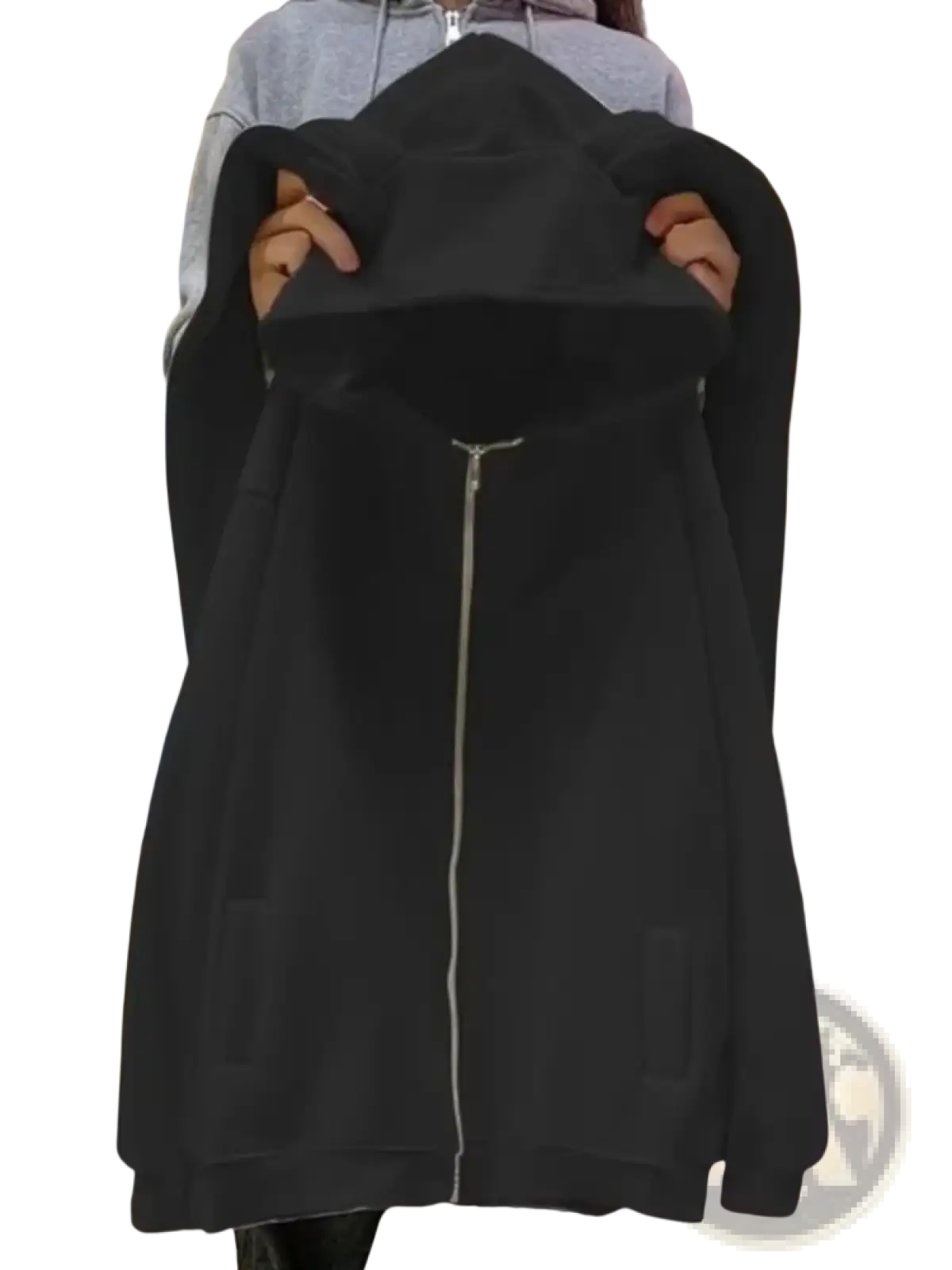 Black oversized rabbit ear zip-up hoodie with full-length zipper and two front pockets in y2k style sweatshirt