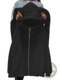 Black rabbit ear zip up hoodie with plush oversized hood and ribbed cuffs in y2k oversized sweatshirt style
