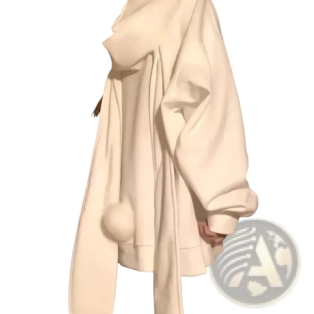 Off-white oversized rabbit ear zip up hoodie with fluffy pom-pom hem and long flowing sleeves in a y2k style
