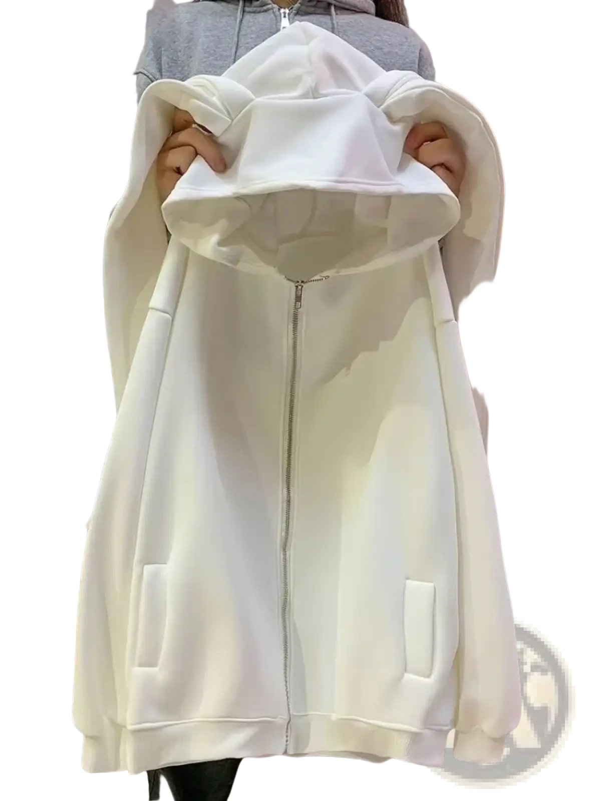 White oversized rabbit ear zip up hoodie made of soft plush fabric with two front pockets in y2k style