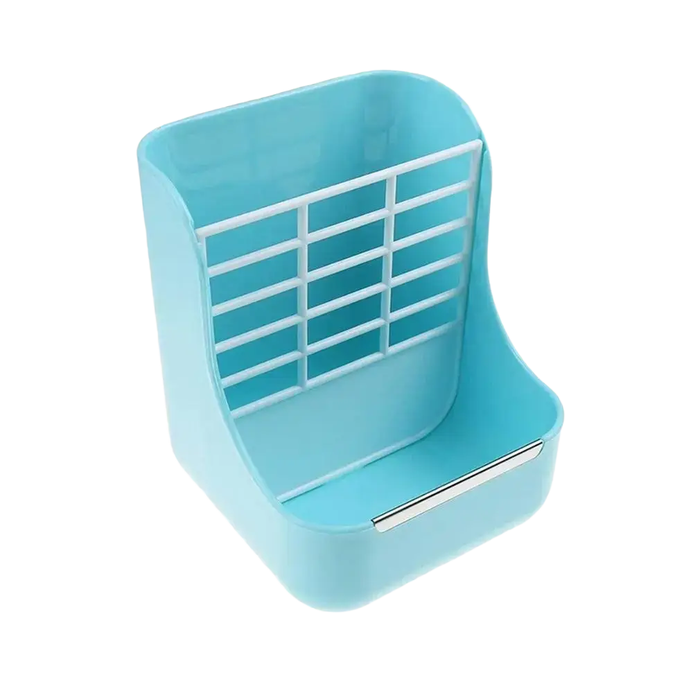 Light blue plastic rabbit hay feeder with white grid and silver metal bar for small animal rabbit hay feeding