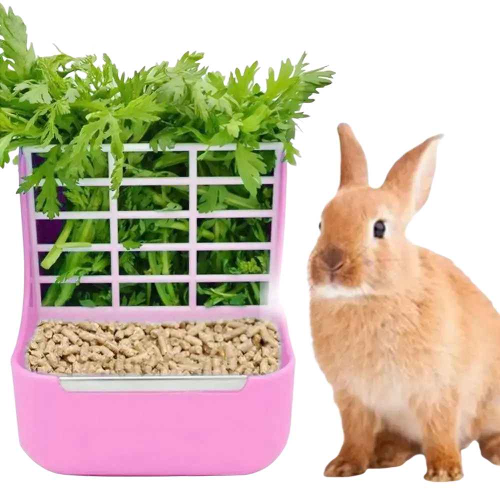 Pink plastic rabbit hay feeder with grid top holding leafy greens and lower bowl filled with brown pellets for small animals