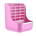 Pink plastic rabbit hay feeder with white grid insert and silver metal tray for small animal hay feeder and food bowl