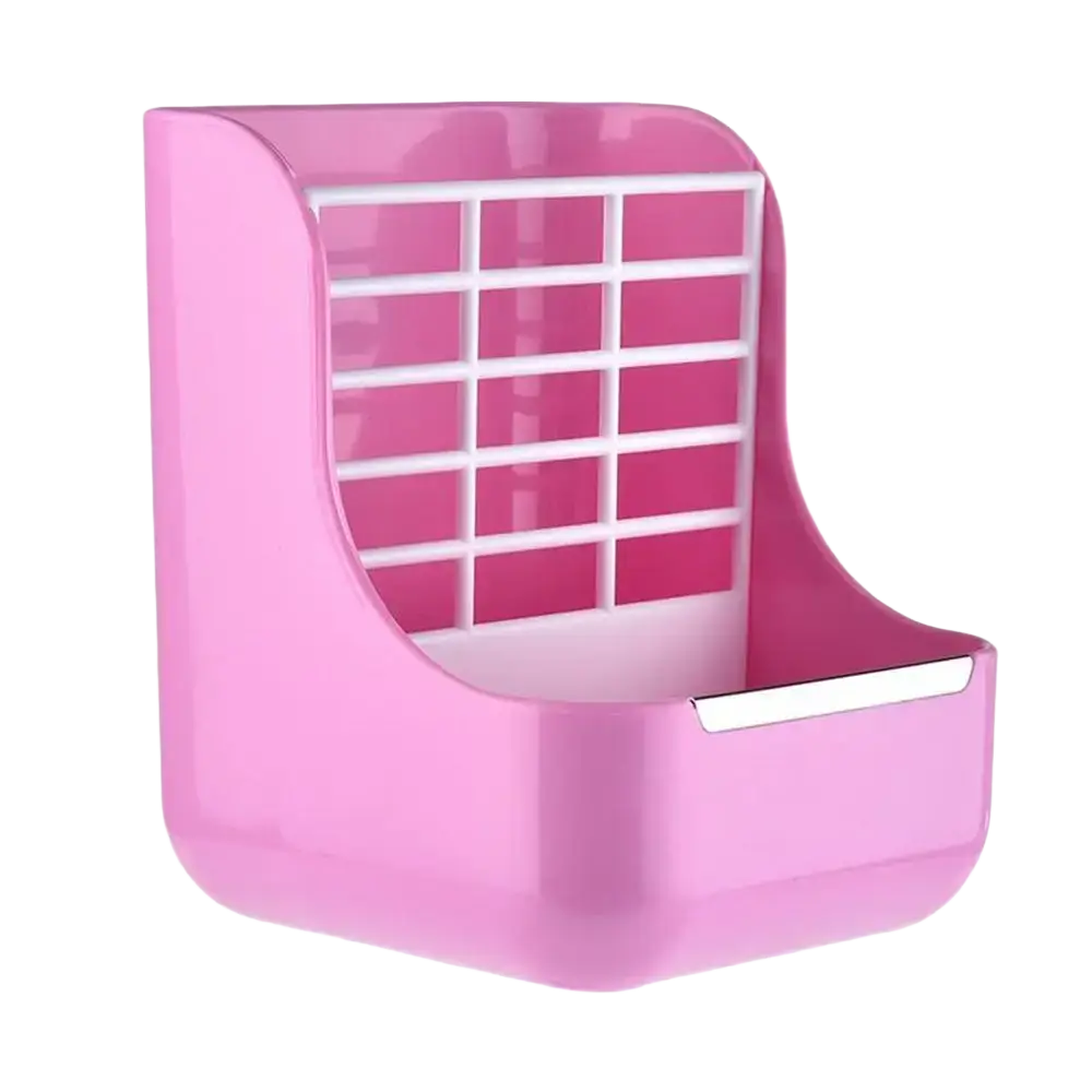 Pink plastic rabbit hay feeder with white grid insert and silver metal tray for small animal hay feeder and food bowl