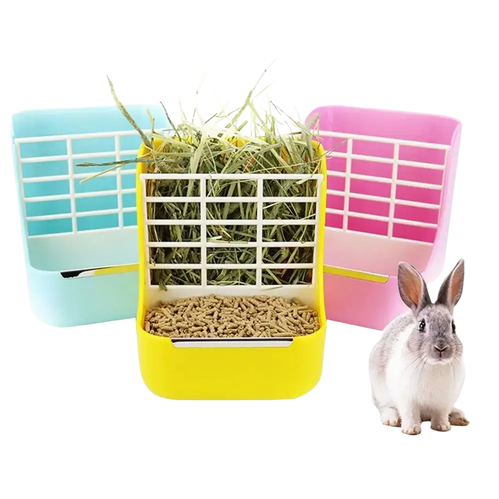 Yellow plastic rabbit hay feeder with white grid design and attached food bowl for small animals hay feeder