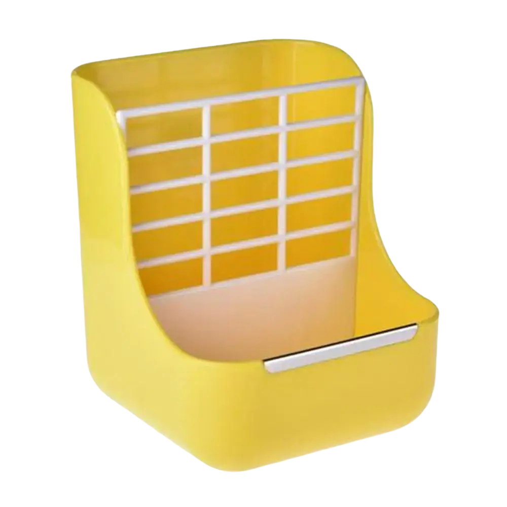 Bright yellow plastic rabbit hay feeder with white grid interior and silver metal handle for farm animals