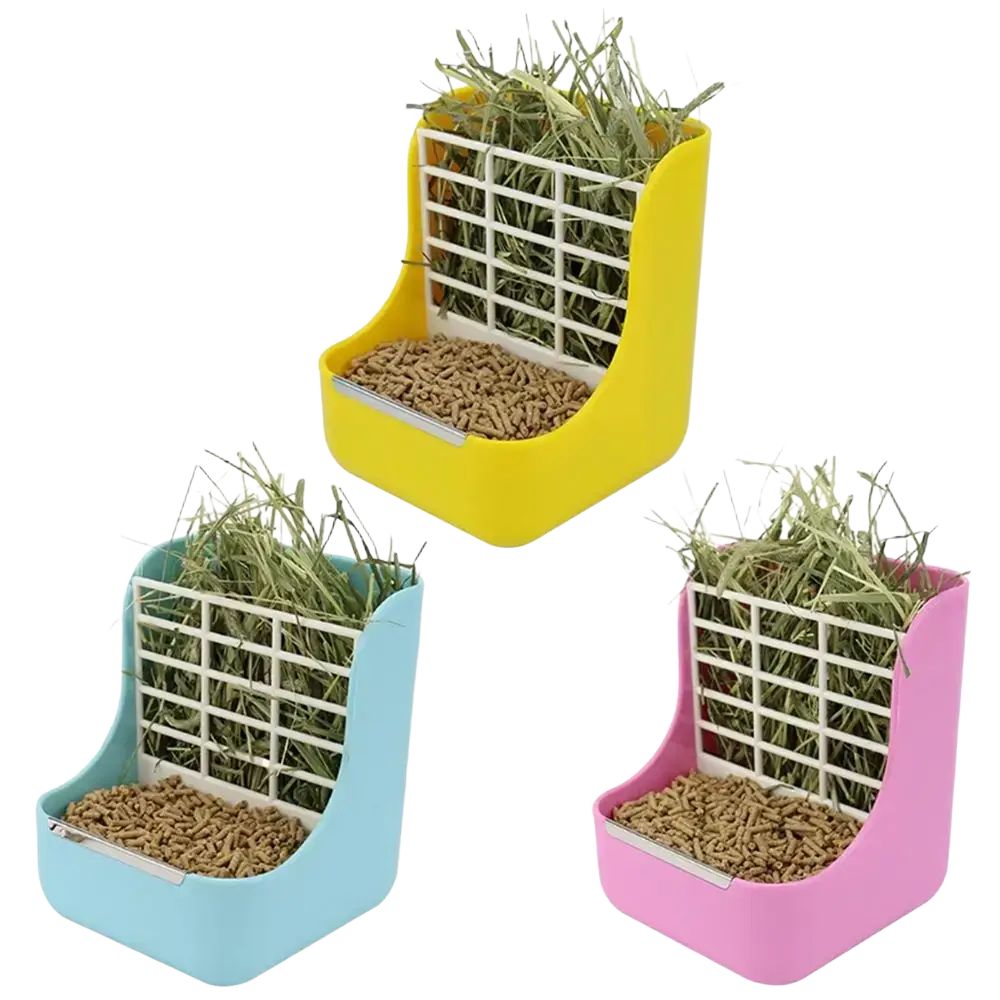 Brightly colored plastic rabbit hay feeder with white grid inserts designed for small farm animals rack use