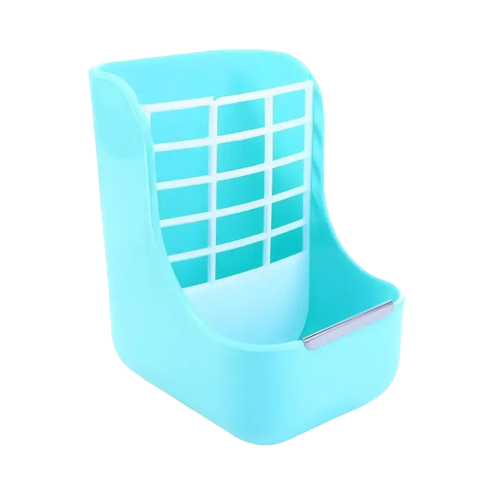 Light blue plastic rabbit hay feeder with grid-patterned back panel and metallic tray for farm animals hay feeding