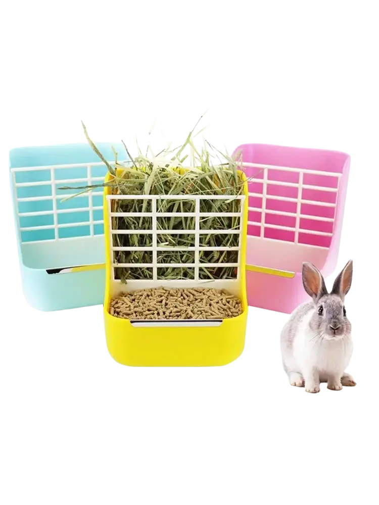 Yellow plastic rabbit hay feeder with white grid design for farm animals holding rabbit hay and pellets