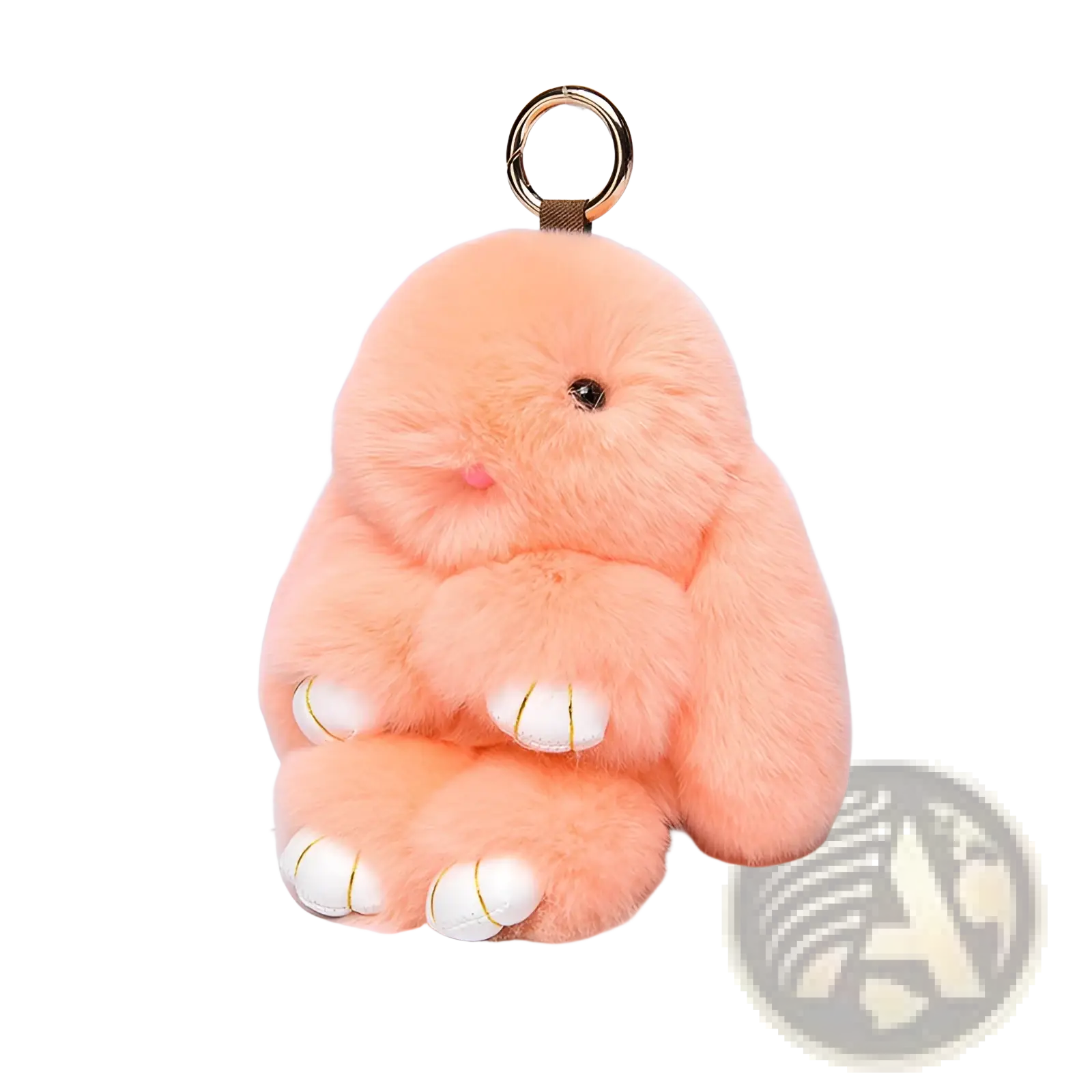 Cute peach-colored plush bunny keychain with white paw pads and gold accents soft fuzzy animal pendant 15cm