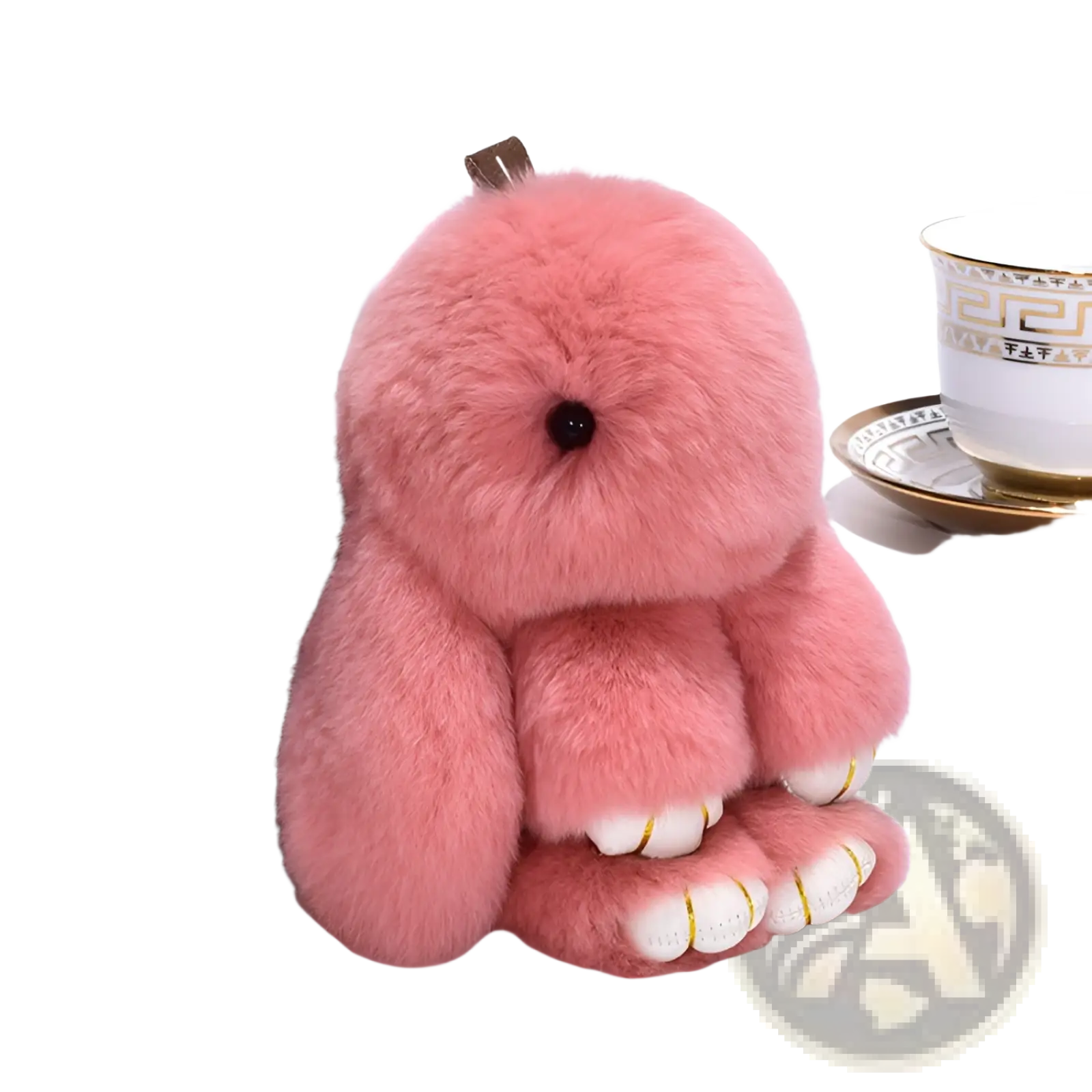 Pink fluffy rabbit plush keychain 15cm with white paws gold trim and black bead eye soft fuzzy animal pendant