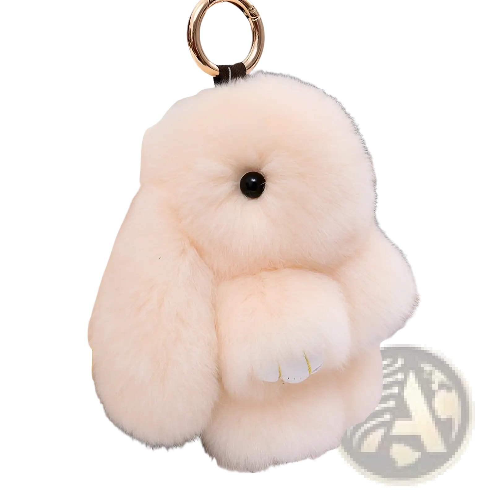 Cream-colored plush rabbit keychain with black bead eyes and gold-toned metal ring soft fuzzy pendant 15cm
