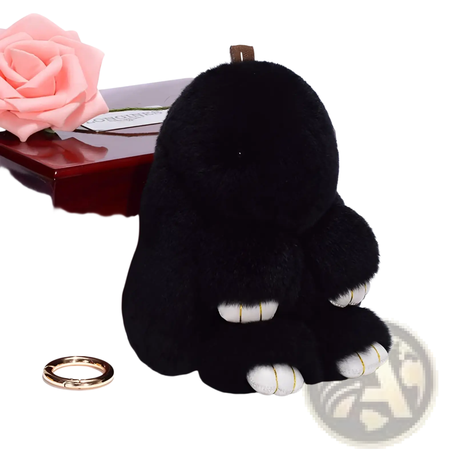 Black plush rabbit keychain with white paw pads and gold trim soft fuzzy animal pendant 15cm