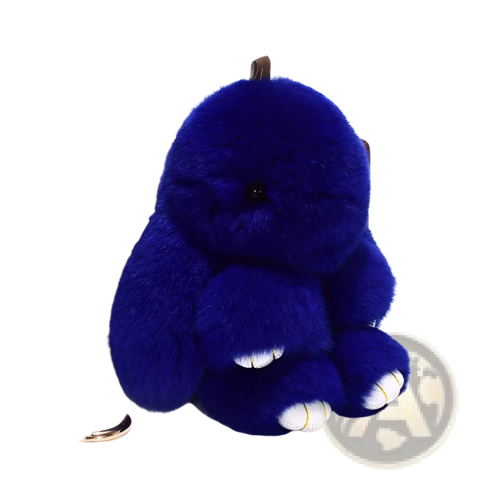 A plush deep blue rabbit keychain with white paw pads and a small black nose soft fuzzy 15cm pendant