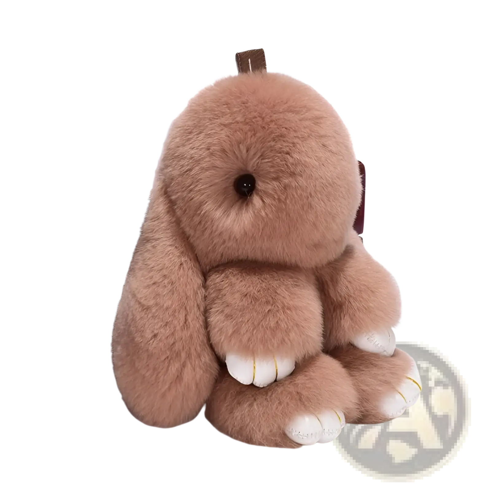 A plush tan rabbit plush keychain with soft fur and white paw pads measuring 15cm